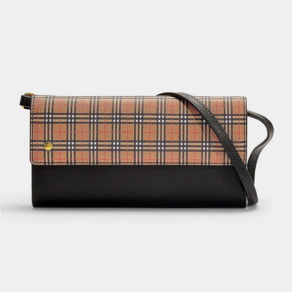 Authentic BURBERRY HENLEY LEATHER CHECK BLACK SHOULDER STRAP WALLET CLUTCH BAG